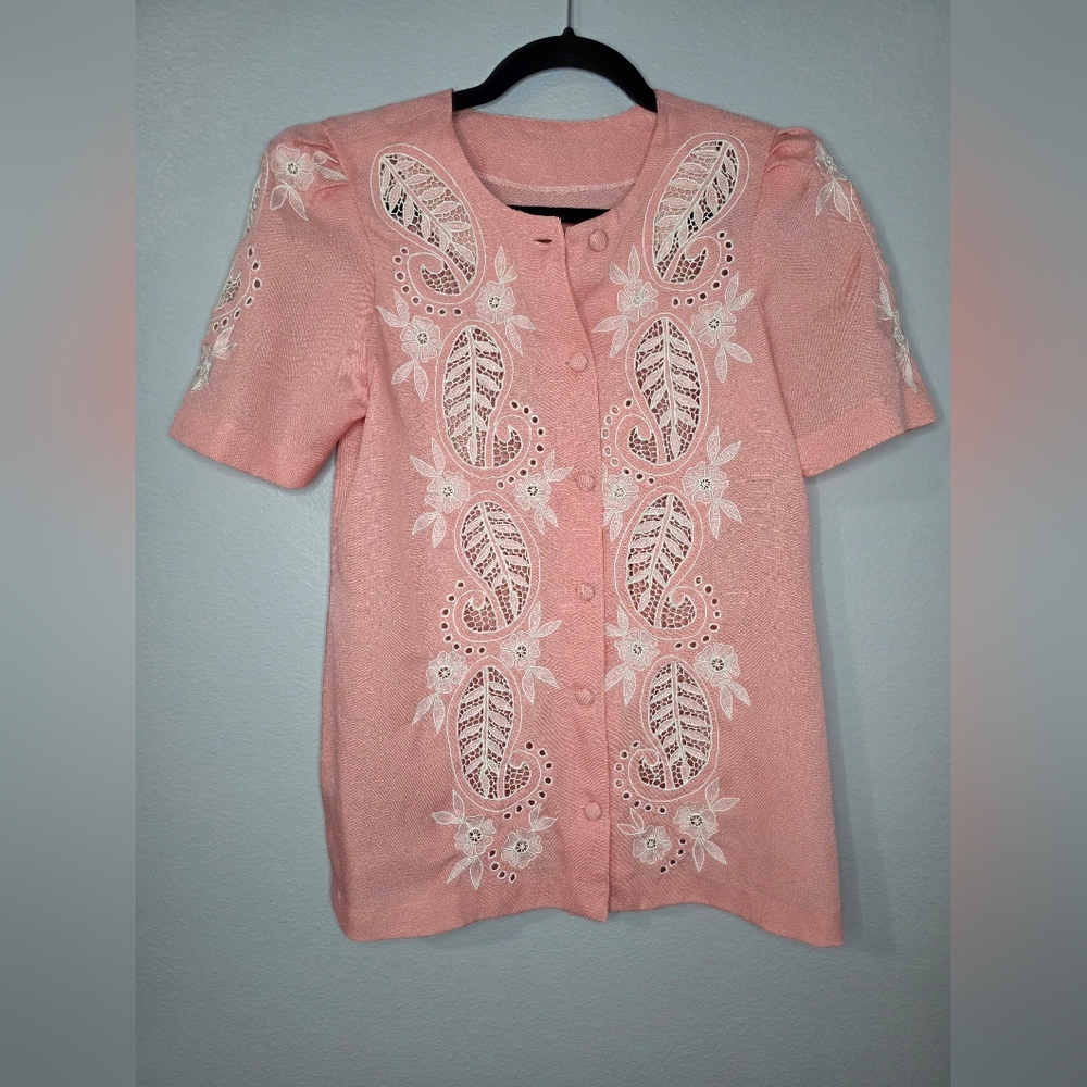 Pink Embroidered Button-Up Blouse With Matching Skirt